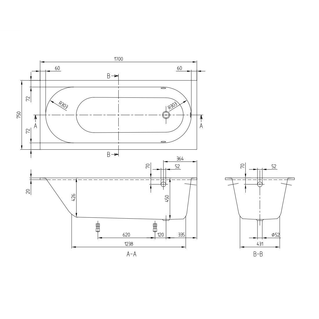 Villeroy &amp; Boch Oberon Vaňa 170 x 75 cm, nohy UBQ170OBE2V-01 - galéria #1
