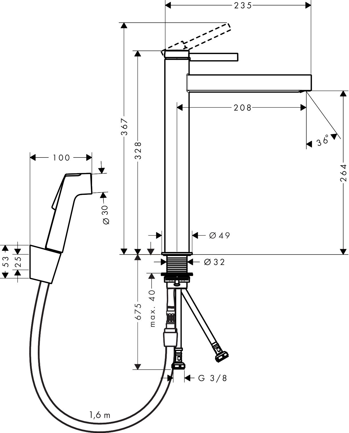 Hansgrohe Finoris Vysoká umývadlová batéria s bidetovou sprchou, kartáčovaný čierny chróm 76220340 - galéria #1