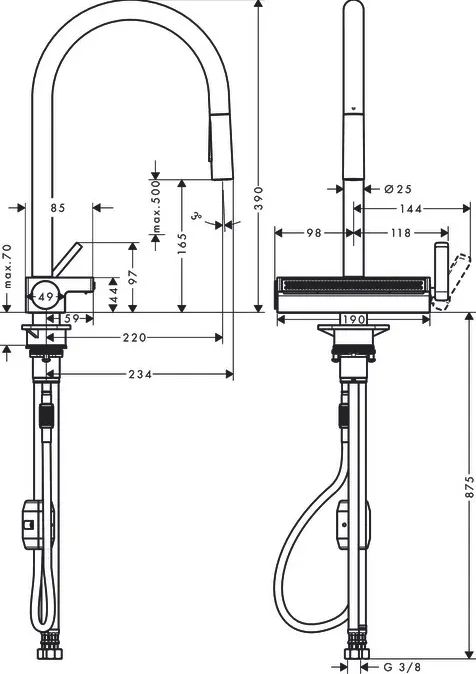 Hansgrohe Aquno Select M81 Drezová batéria s výsuvnou hlavicou 3jet, nehrdzavejúca oceľ 73837800 - galéria #6