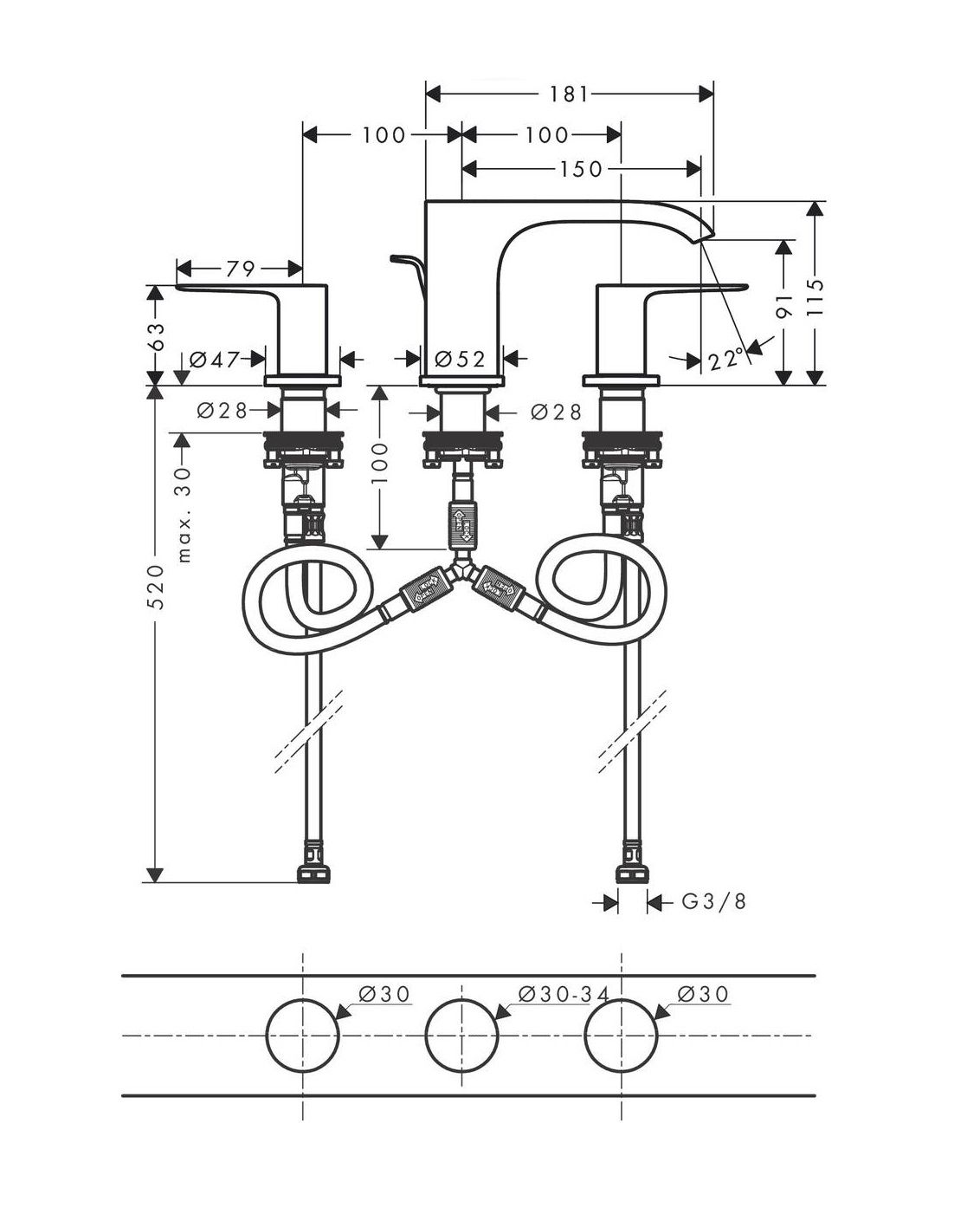 Hansgrohe Trojotvorová umývadlová batéria s vyťahovacou rukoväťou, chróm 75033000 - galéria #3