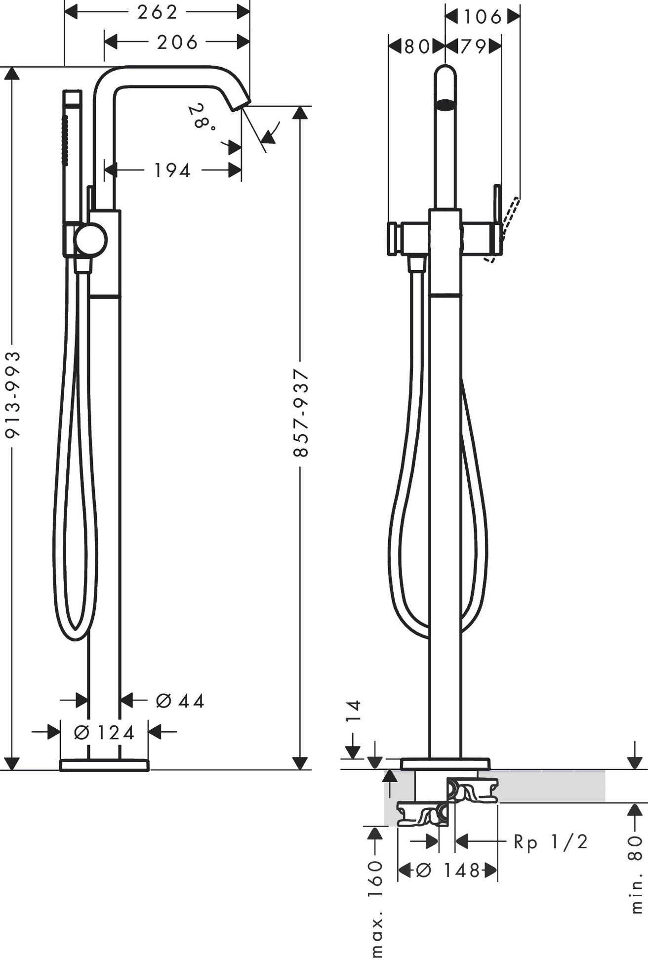 Hansgrohe Voľne stojaca vaňová batéria Tecturis S, chróm 73440000 - galéria #1