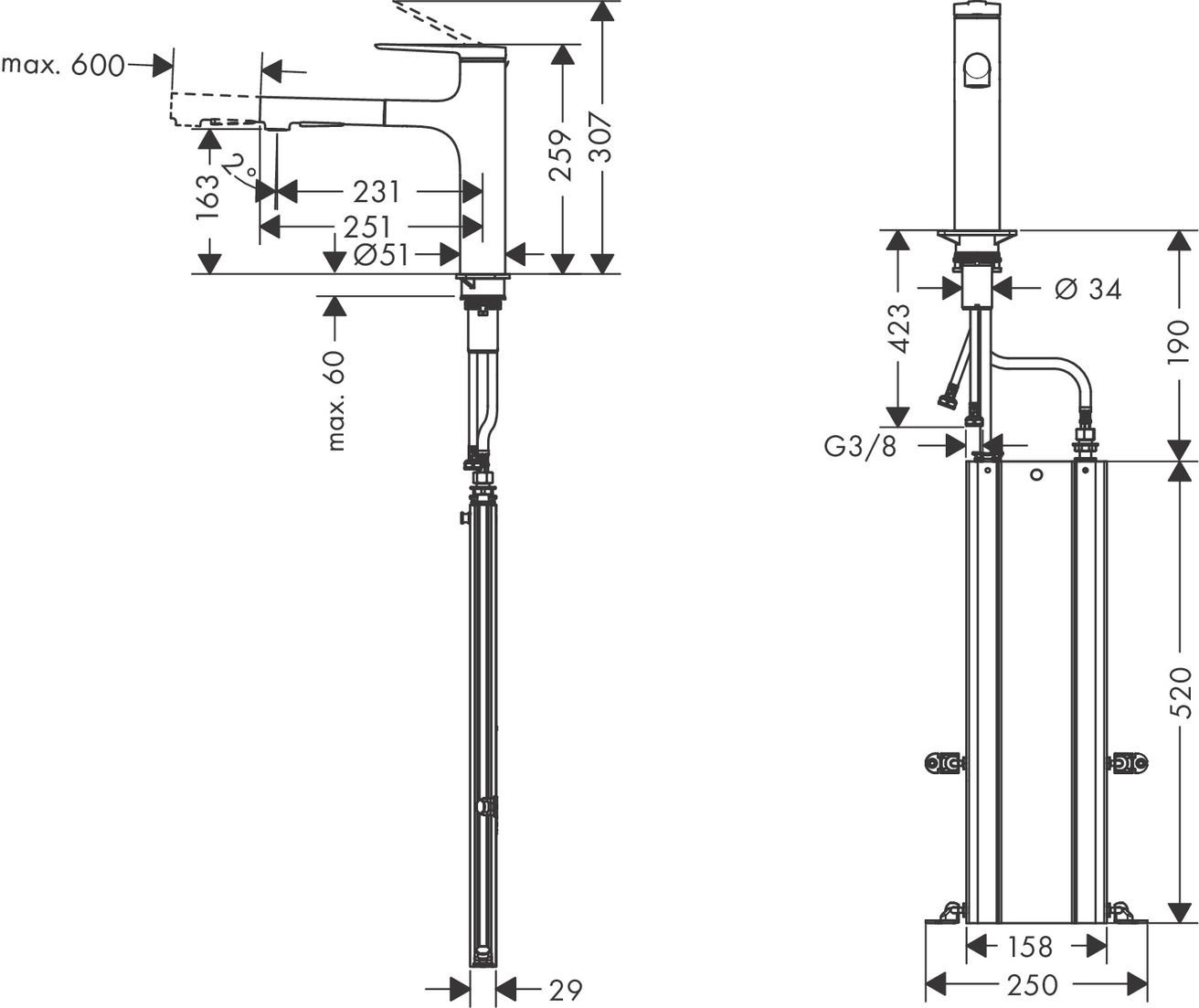 Hansgrohe Zesis M33 Drezová batéria s vyťahovacou sprchou, 2jet, sBox, nerezová oceľ 74823800 - galéria #3