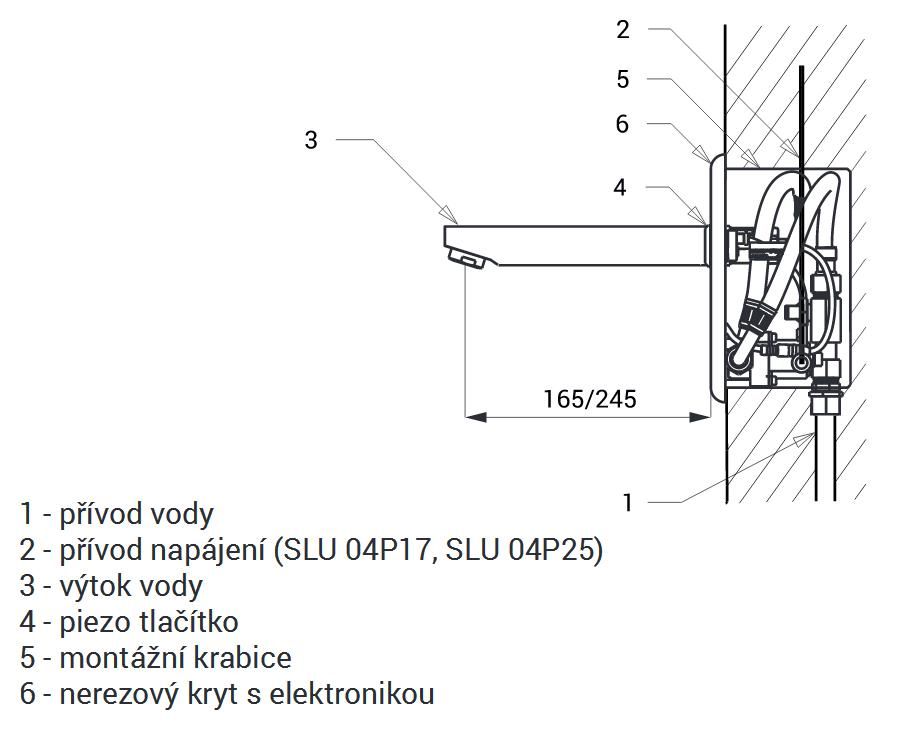 Sanela Automatická nástenná umývadlová batéria s piezoelektrickým tlačidlom SLU 04P25 - galéria #1