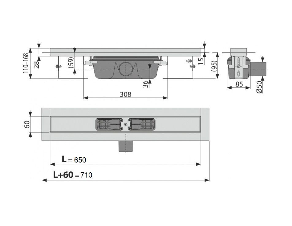 Alcadrain Profesionálny odtokový žľab 65 cm s okrajom pre plný rošt APZ6-650 - galéria #1