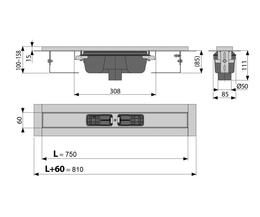 Alcadrain Flexibilný podlahový žľab 75 cm s okrajom pre perforovanú mriežku, montáž na stenu, vertikálny odtok APZ1004-750 - galéria #1