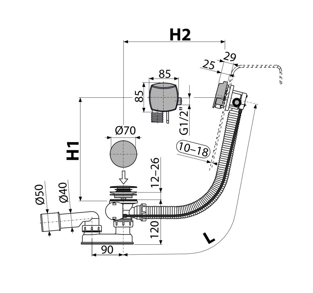 Alcadrain Automatický vaňový sifón s prepadom pre hrubostenné vane 80 cm, kov A565KM1-80 - galéria #1