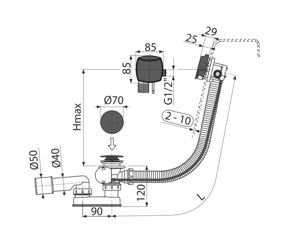 Alcadrain Automatický vaňový sifón s prepadom 120 cm, čierno-matný A564BLACK-120 - galéria #1
