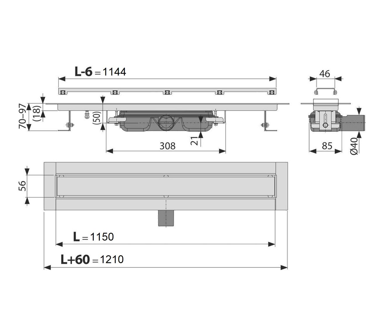 Alcadrain Mramorový žľab Low Drain 115 cm bez okraja s mriežkou na dlažbu, nerez APZ115-1150 - galéria #1