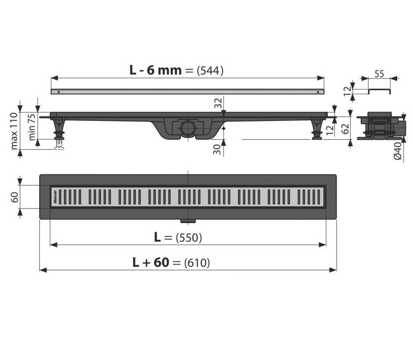 Alcadrain Jednoduchý sprchový žľab s roštom 55 cm, čierny matný APZ10BLACK-550M - galéria #1