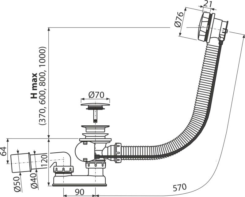 Alcadrain Vaňový automat 57 cm napúšťanie prepadom, matná biela A55KM-WHITE - galéria #1