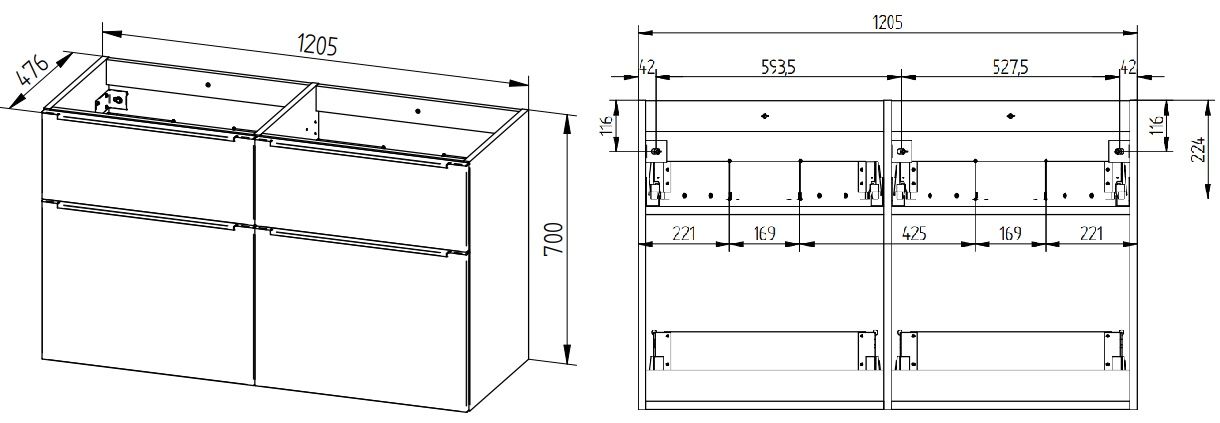 EBS Nevio B Skrinka s čiernou rukoväťou + umývadlo Slim 121 cm, biela lesklá - galéria #2