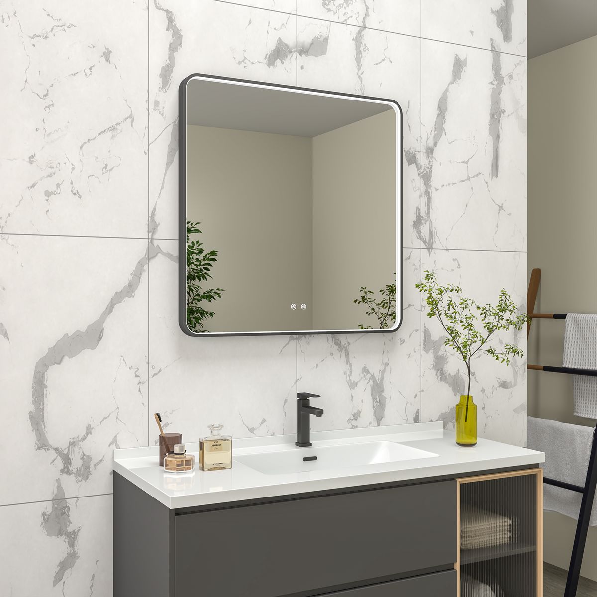 EBS Deira Zrcadlo hranaté 80x80 cm, kartáčovaná černá DEIRAZ8080LEDSBBK - galéria #1