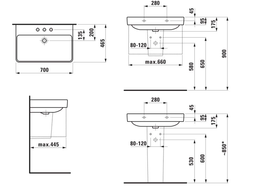Laufen Pro S Umývadlo 70 x 46,5 cm s tromi otvormi, LCC biela H8109674001081 - galéria #1
