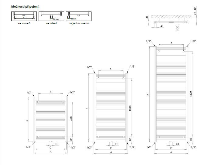 Kombinovaný radiátor PMH Savoy CS4-M, 48x121 cm, chróm - galéria #3