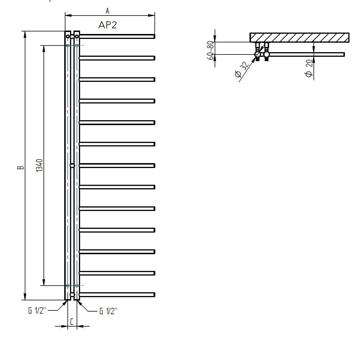 PMH Apollo AP2C Radiátor kombinovaný, 50x150 cm, chróm - galéria #3
