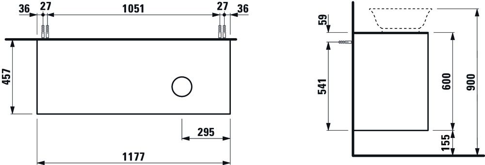 Laufen Skrinka pod umývadlo New Classic 118 × 45 × 60 cm s 2 zásuvkami a výrezom vpravo, biela lesklá H4060840856311 - galéria #1