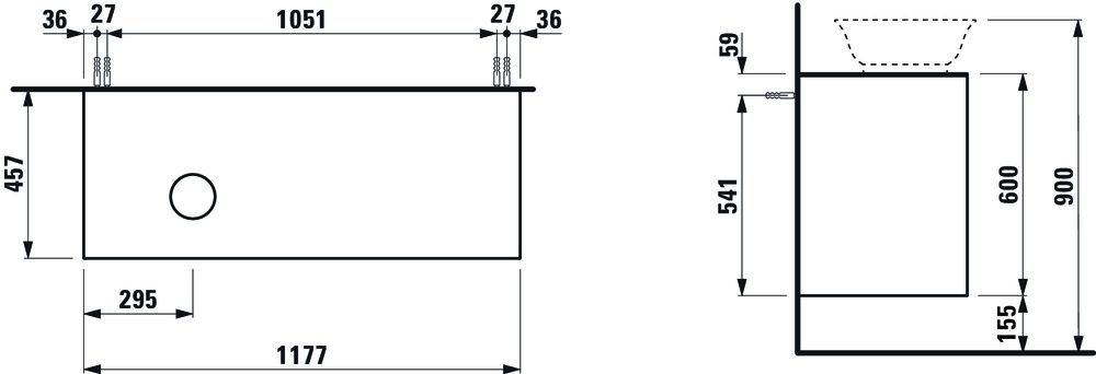 Laufen Skrinka pod umývadlo New Classic 118 × 45 × 60 cm s 2 zásuvkami, s výrezom na ľavej strane, biela matná H4060830851701 - galéria #1