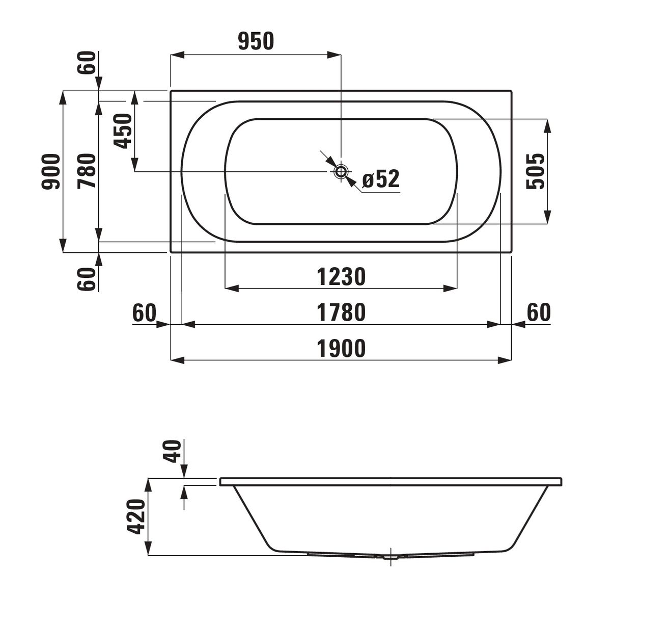 Laufen Lua Vstavaná vaňa 190 x 90 cm, biela H2340800000001 - galéria #2