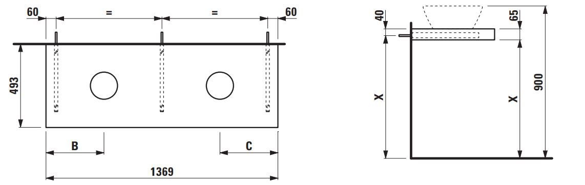 Laufen Lani Umývadlová doska 140 cm, s výrezmi vľavo a vpravo, vrátane 2 nástenných konzol, matná biela H4046841122601 - galéria #1
