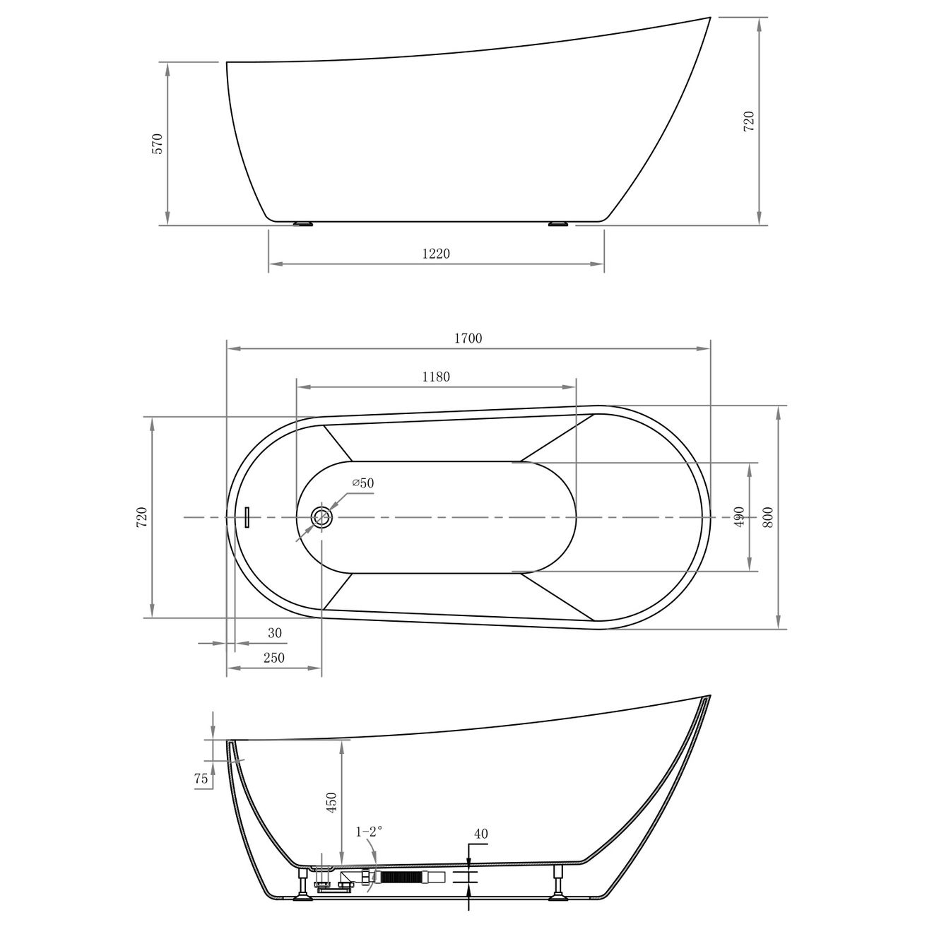 Aqualine Tisa Voľne stojaca vaňa 170x80 cm, biela E1780 - galéria #4