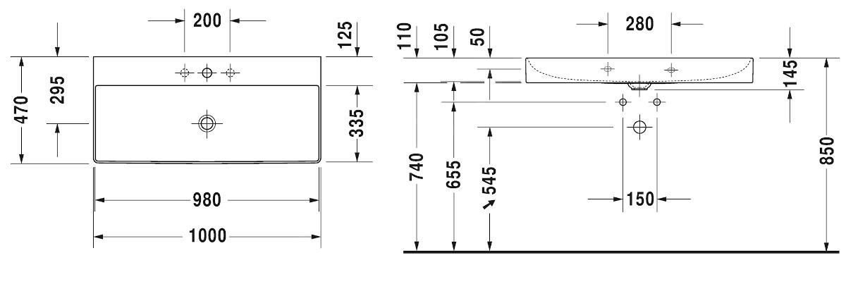Duravit DuraSquare Umývadlo 100 cm, DuraCeram, WonderGliss, biele 23531000411 - galéria #1