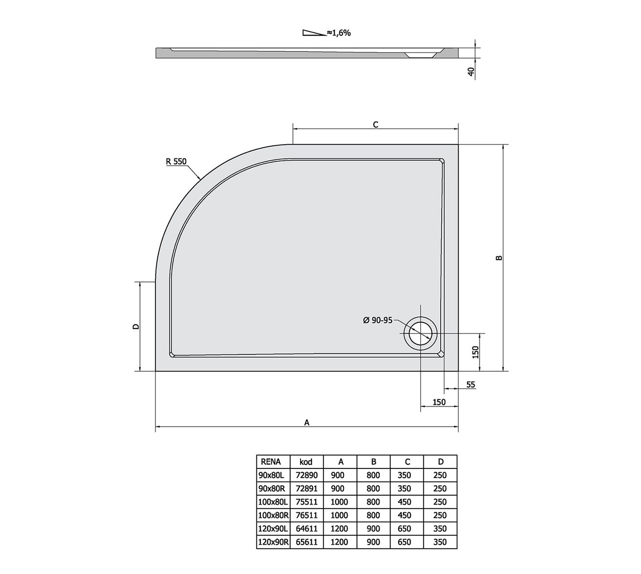 Polysan Klasik Rena Sprchová vanička, 900x800 mm, R550, ľavá, biela 72890 - galéria #1