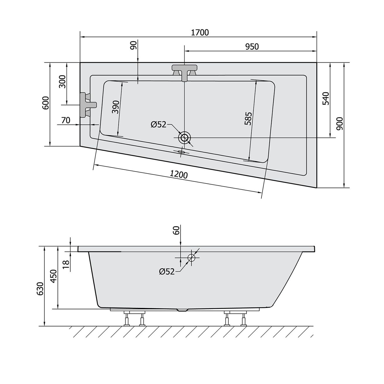 Polysan Andra Slim Asymetrická vaňa 170x90x45 cm, pravá - biela 81511S - galéria #3