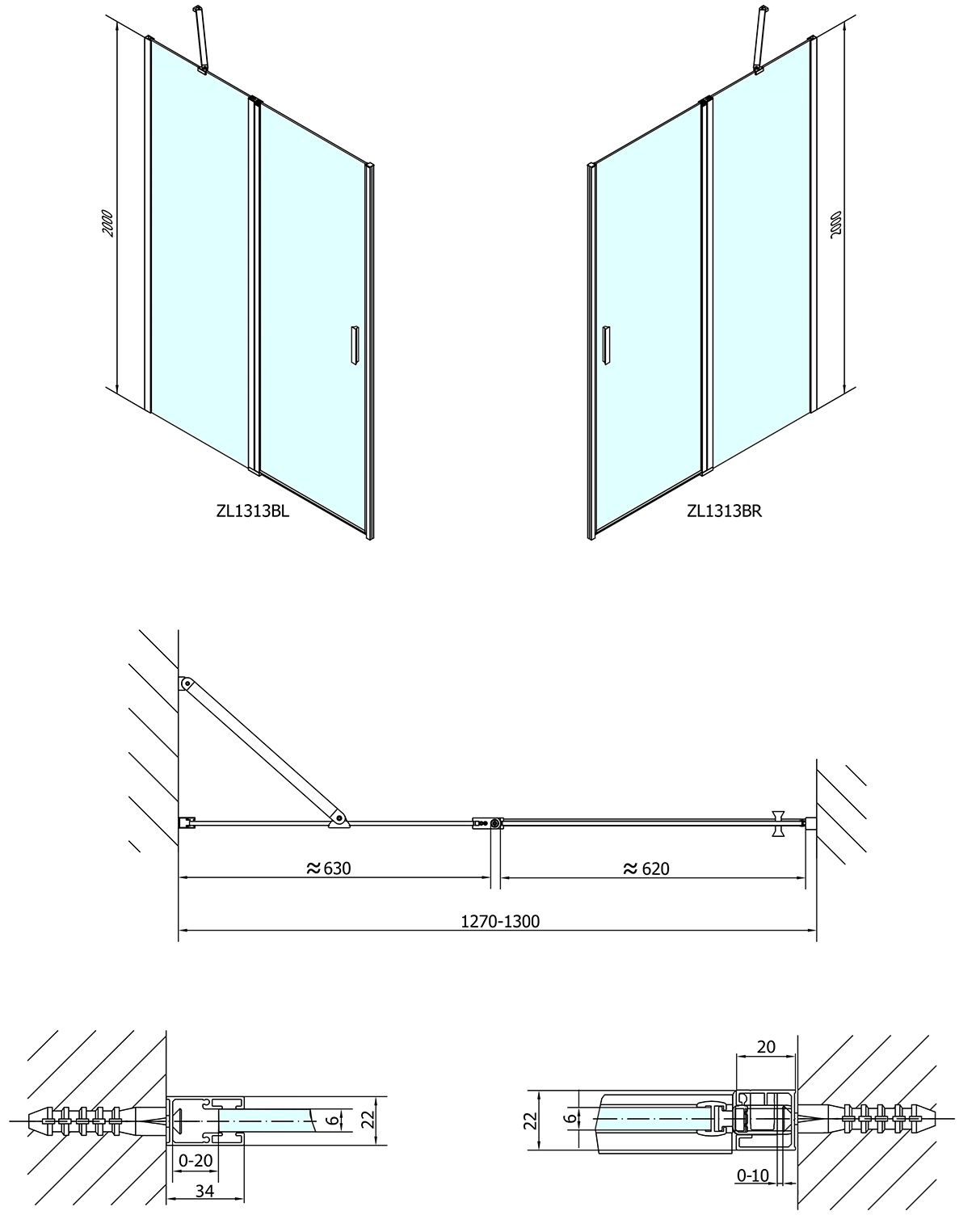 Polysan Zoom Black Sprchové dvere dvojdielne 130 cm, matná čierna, číre sklo ZL1313B - galéria #5
