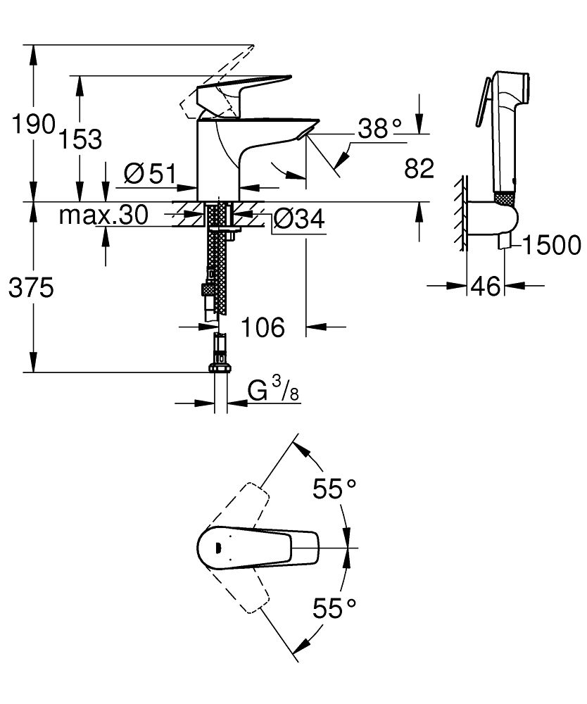 Grohe Start Edge Jednopáková umývadlová batéria s bidetovou sprchou chróm 23773001 - galéria #1