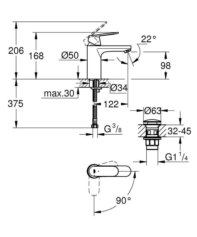 Grohe Eurosmart Cosmopolitan Umyvadlová batéria ColdStart s výtokom click-clack, chróm 23928000 - galéria #1