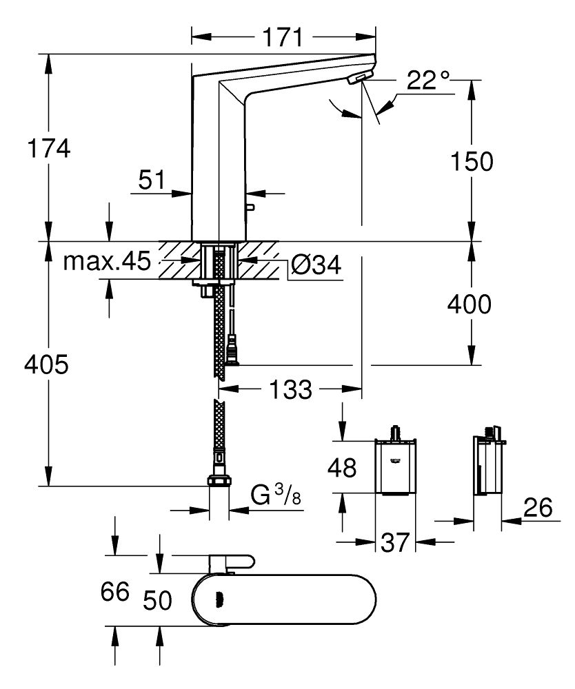 Grohe Profi Eurosmart Cosmopolitan E Infrared elektronická umývadlová batéria, chróm 36422001 - galéria #4