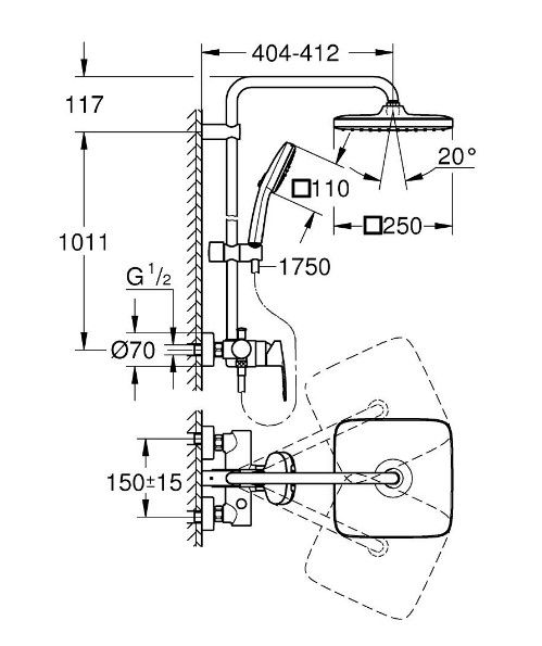 Sprchový systém Grohe Profi Tempesta 250 Cube s nástennou batériou, chróm 26692001 - galéria #1