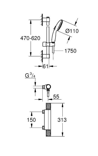 Grohe Profi Grohtherm 1000 Performance Termostatická sprchová batéria so sprchovacím setom, chróm 34836001 - galéria #1
