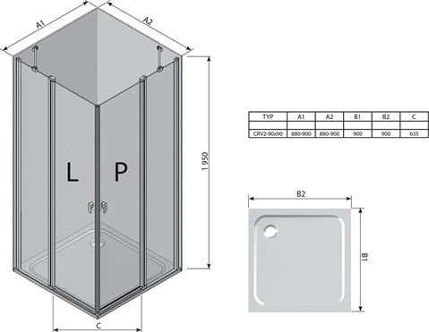 Ravak Chróm Sprchový kút 1/2 štvorec/obdĺžnik 90 cm Alu/Transparent 1QV70C00Z1 CRV2-90 - galéria #1