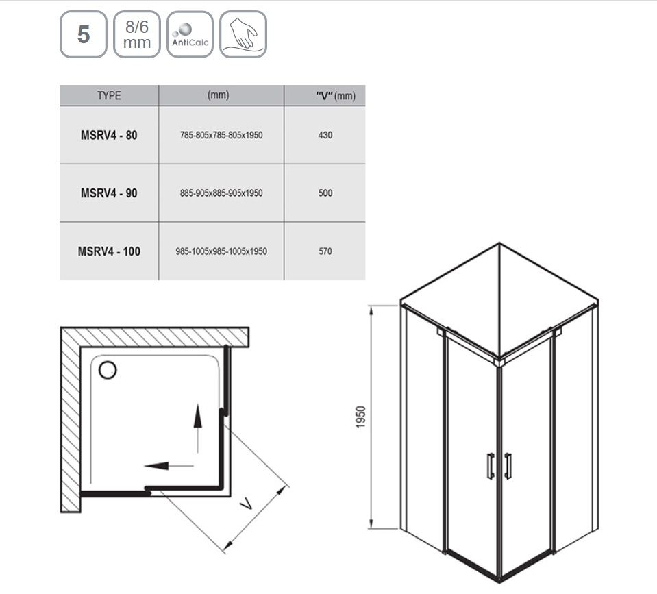 Ravak Matrix Sprchový kút 90 x 90 cm transparentný biely MSRV4-90 x 90 cm/90 x 90 cm 1WV77100 x 100 cmZ1 - galéria #1