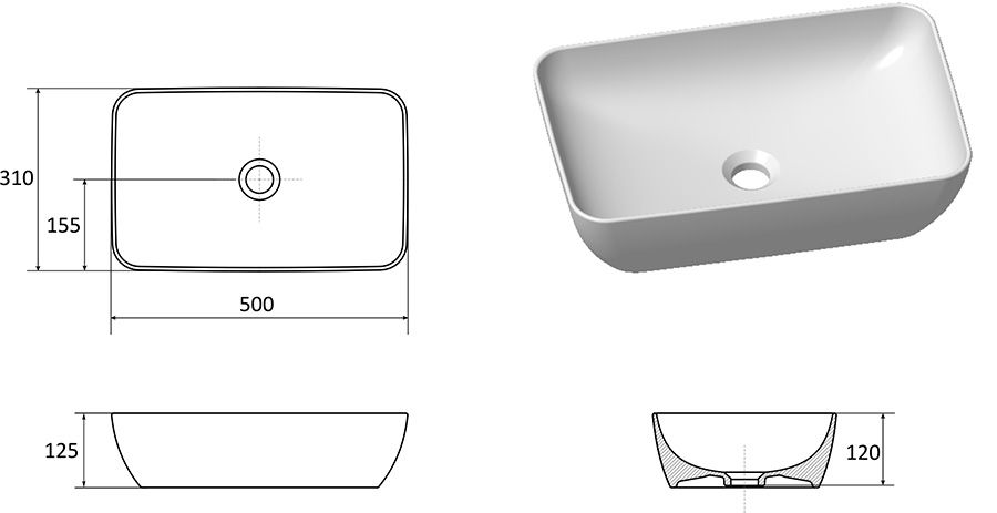 Ravak Umývadlo Uni Slim 50x31x12,5 cm, UNI500R XJX01150001 - galéria #2