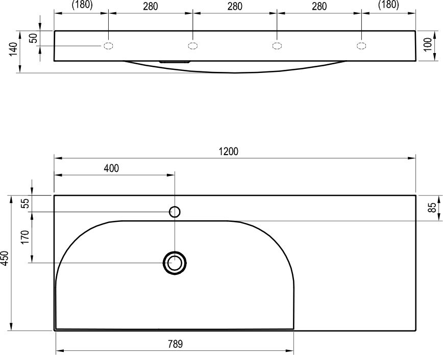 Ravak Lite Umyvadlo 120x45 cm s otvorem, bílá - odkládací plocha vpravo XJXP1212000 - galéria #5