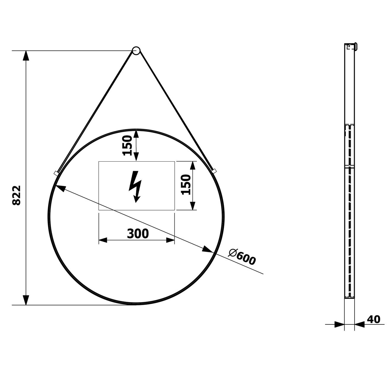 Sapho Orbiter Okrúhle zrkadlo s LED svetlom, s koženým remienkom, 60 cm, matná čierna, ORL060 - galéria #5