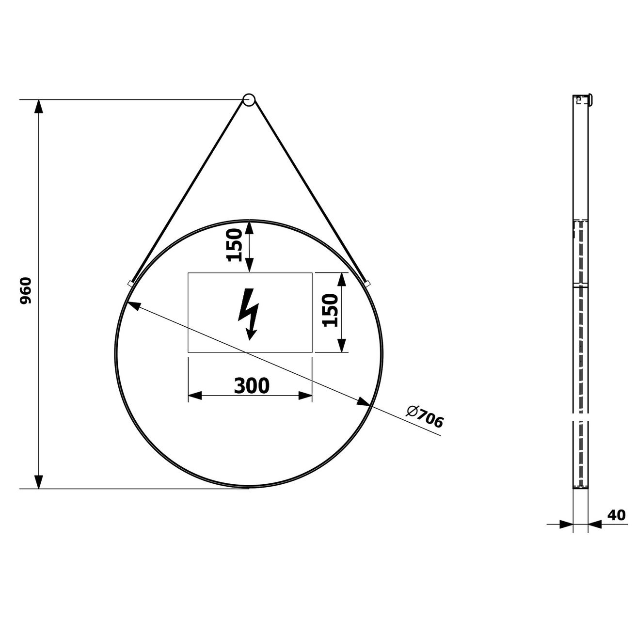 Sapho Orbiter Okrúhle zrkadlo s LED svetlom, s koženým remienkom, 70 cm, matná čierna, ORL070 - galéria #5