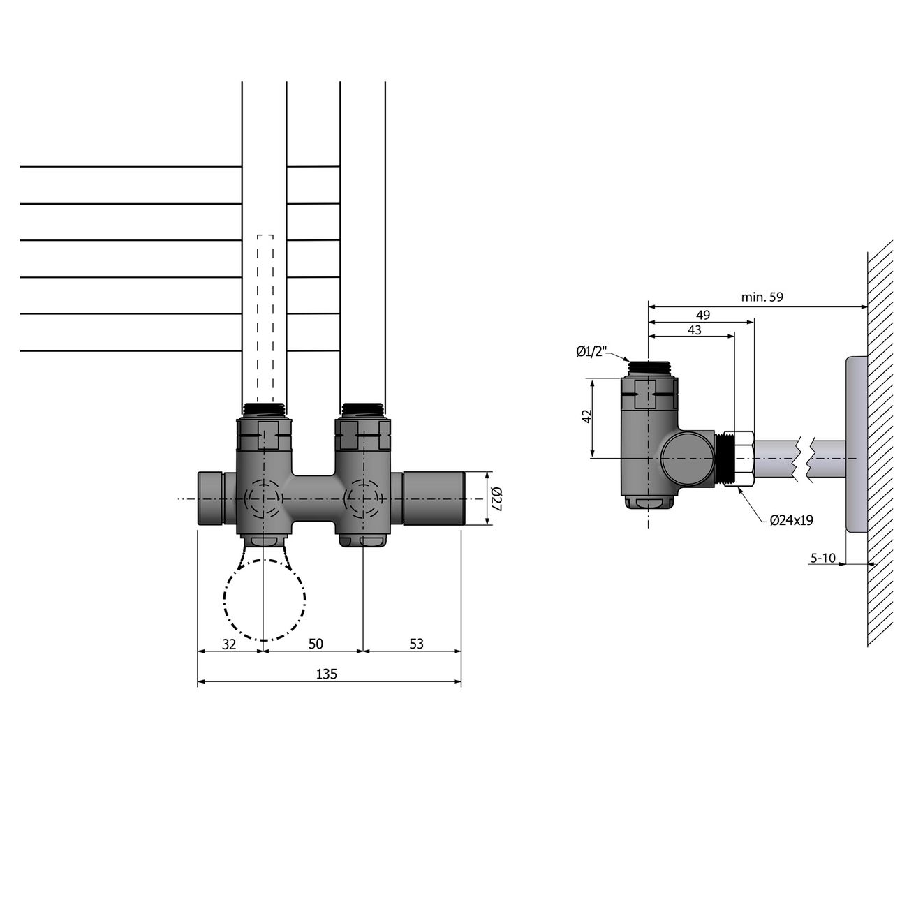 Sapho Twin Combi CP461BS Súprava spojovacích ventilov pre šikmé stredové pripojenie, pravá, čierna matná - galéria #1