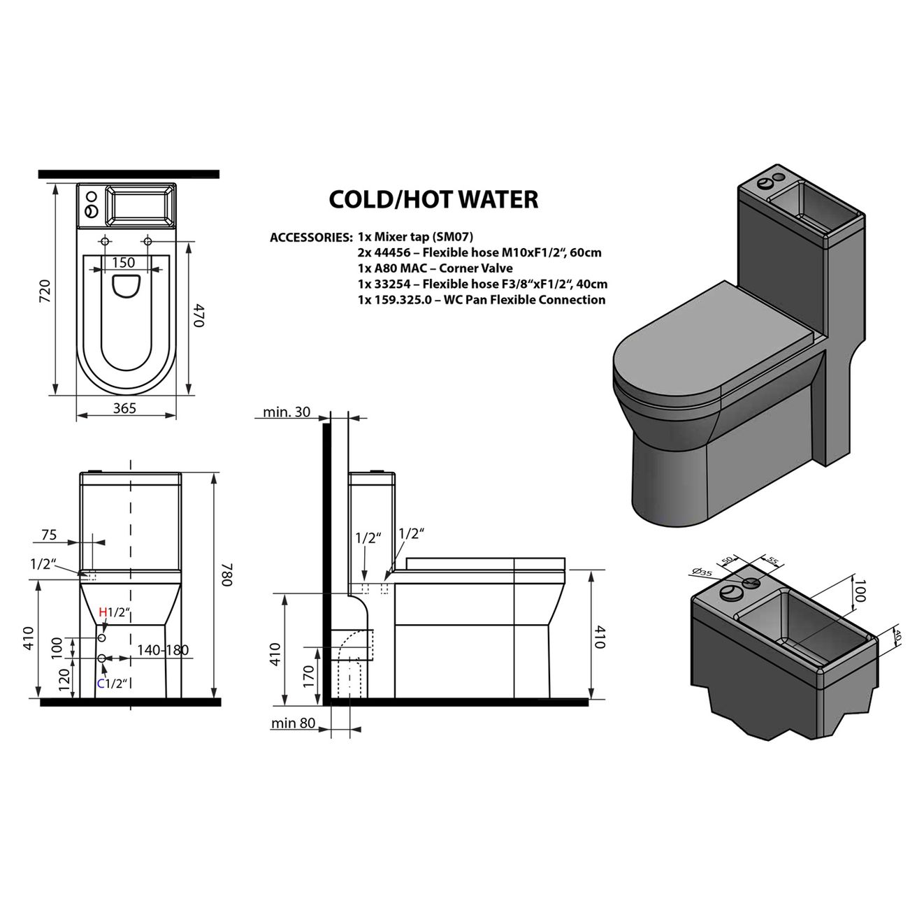 Aqualine Hygie Combi WC s integrovaným umývadlom, vario odpad, biela PB104W - galéria #6