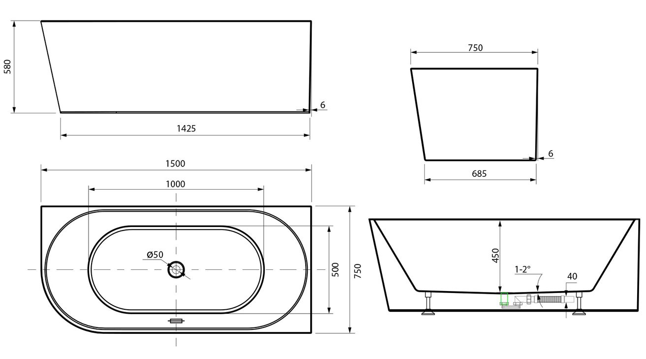 Aqualine Tibera Vaňa 150x75 cm, pravá, biela E1037 - galéria #5