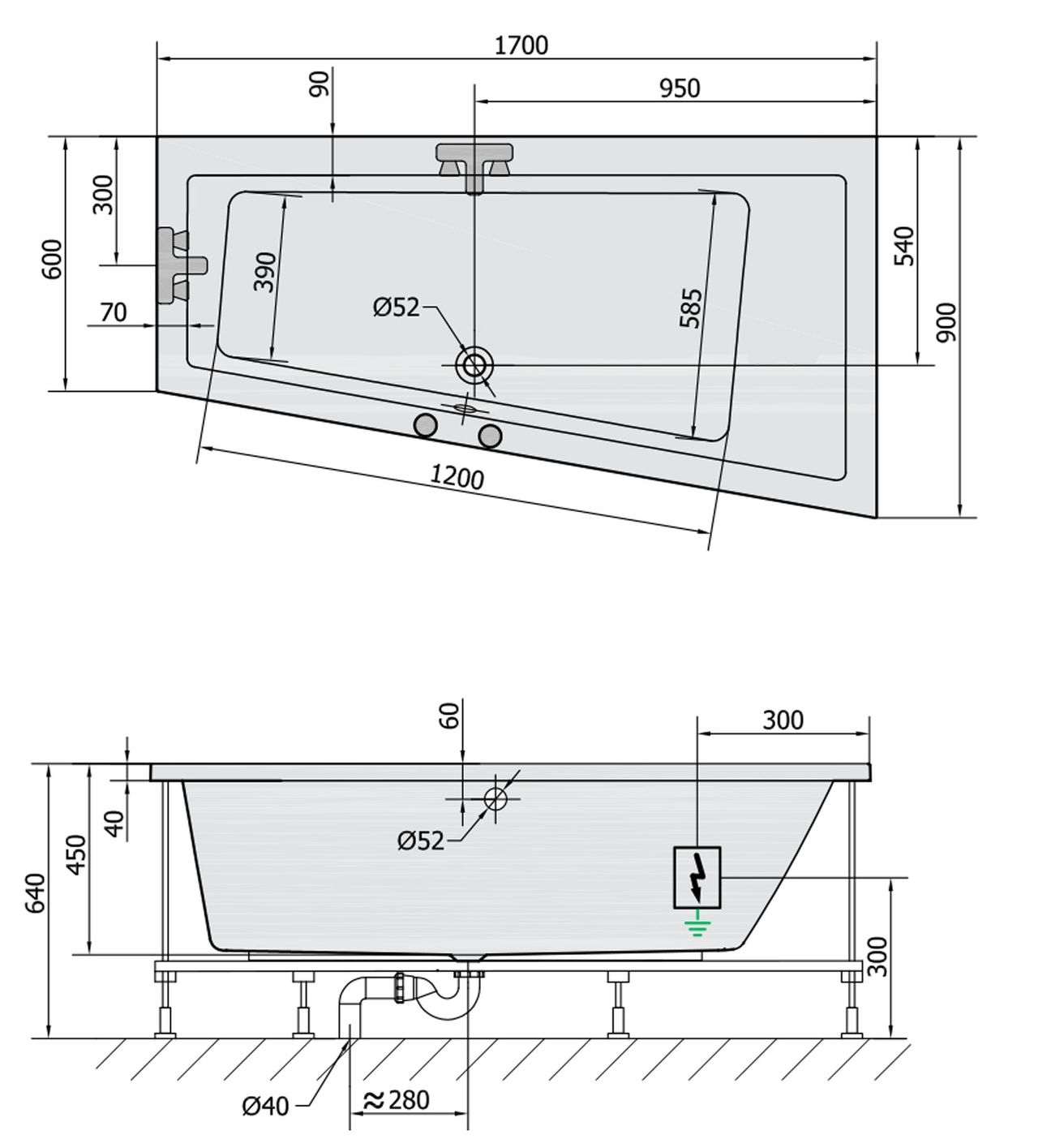 Polysan 81511.1010 Hydromasážna vaňa 170x90x45cm, pravá-Active Hydro, chróm - galéria #1