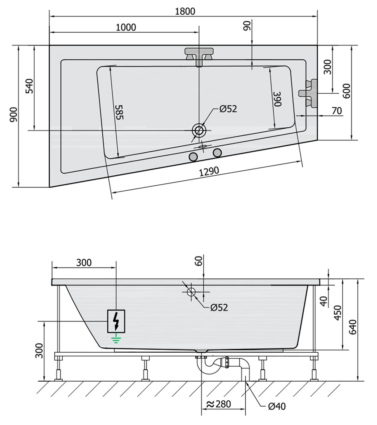Polysan 72872.3010 Hydromasážna vaňa 180x90x45cm, ľavý ťah Hydro, chróm - galéria #1