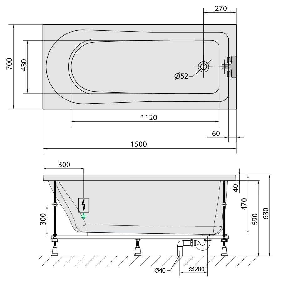 Polysan 85111.1010 Hydromasážna vaňa 150x70x47cm, Active Hydro, chróm - galéria #1