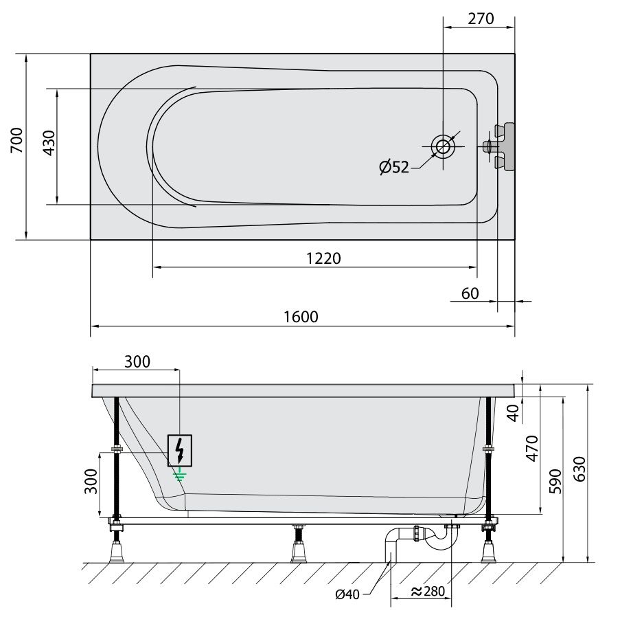 Polysan 86111.4010 Hydromasážna vaňa 160x70x47cm, Attraction Hydro-Air, chróm - galéria #1