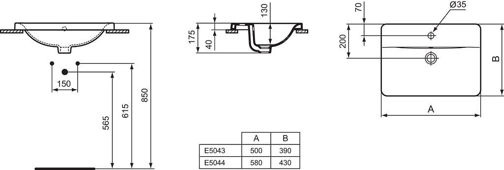 Ideal Standard Connect Zapustené umývadlo obdĺžnik 50 cm, 1 otvor na batériu E504301 - galéria #1