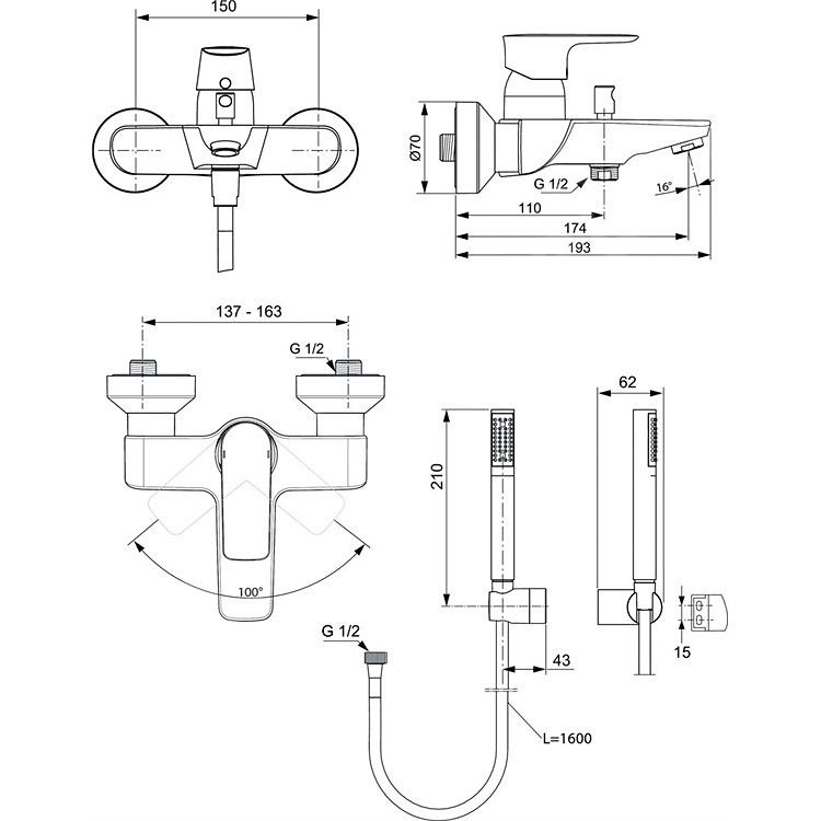 Ideal Standard Connect Air Nástenná vaňová batéria so sprchovým príslušenstvom A7056AA - galéria #1
