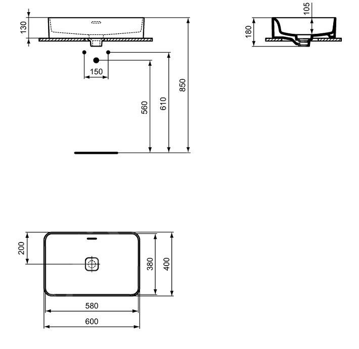 Ideal Standard Strada II Umývadlo na dosku 60x40 cm, bez otvoru pre batériu T299901 - galéria #1