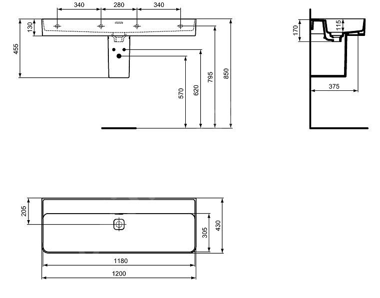 Ideal Standard Strada II Umývadlo 120 cm, bez otvoru pre batériu T364101 - galéria #1